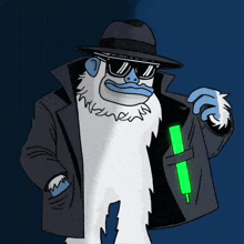 a cartoon yeti wearing sunglasses and a fedora