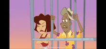a man and a woman are behind bars in a jail cell .