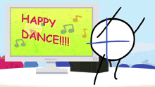 a computer monitor displays a happy dance message