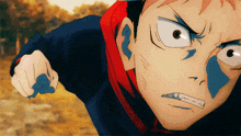 a close up of a cartoon character 's face with a blue stripe on it
