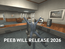 a man in a suit and tie is sitting in a chair with his arms in the air and the words peeb will release 2026 below him