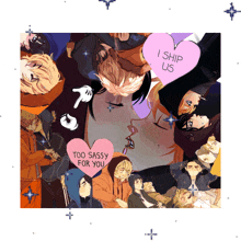 a group of cartoon characters with a pink heart that says i ship us
