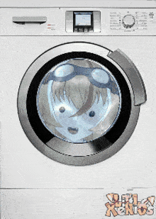 a washing machine has a picture of a girl in the door