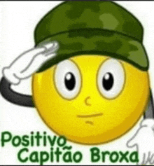 a yellow smiley face wearing a military hat salutes .