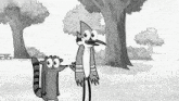a black and white cartoon of a raccoon and a bird standing next to each other