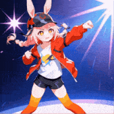 a girl with bunny ears is wearing a red jacket and hat