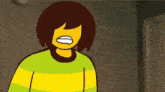 a cartoon character with a yellow and green striped shirt and brown hair is standing in a dark room .