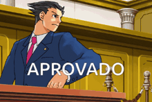 a man in a suit and tie is standing in front of a sign that says approved