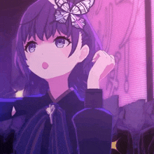 a girl with purple hair has a butterfly on her hair