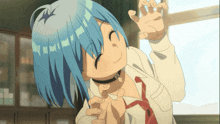 a girl with blue hair and a red tie is smiling