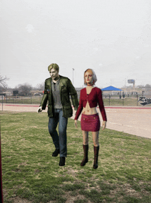 a man and a woman are walking in a field with a sign that says rose on it