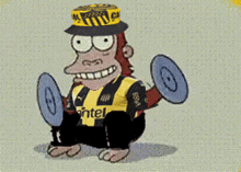a cartoon of a monkey wearing a yellow and black jersey that says intel
