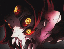 a close up of a cartoon character with red eyes