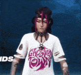 a person wearing a white shirt that says ghost town