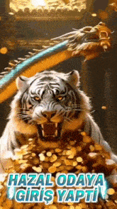 a tiger is standing on a pile of gold coins