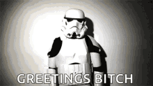 a storm trooper from star wars is standing in front of a white wall and says `` greetings bitch '' .