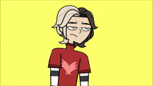 a cartoon of a boy wearing a red shirt with a bird on it