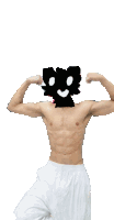 a shirtless man is flexing his muscles with a smiley face drawn on his face