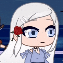 a drawing of a girl with white hair and a rose in her hair