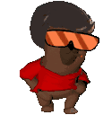 a cartoon character wearing sunglasses and a red shirt is standing with his hands on his hips .