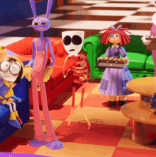 a group of cartoon characters are standing in a living room including a skeleton