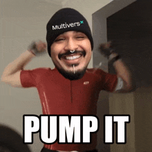 a man wearing a beanie that says multivers on it pumps his muscles