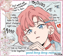 a cartoon of a girl with pink hair and the words good tong tong morning on the bottom
