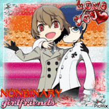 a picture of two anime characters with the words nonbinary girlfriends in red