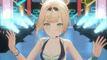 a girl in a bikini with a microphone on her head is dancing