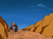 a cartoon character is riding a red motorcycle