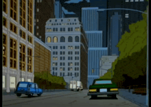 a cartoon drawing of a city street with a green car and a white van