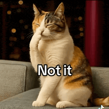 a calico cat is sitting on a couch covering its face with its paw and the words not it are above it .