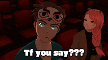 a man with a mask on his head says " if you say " next to a woman with red hair
