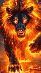 a lion with a fire mane is walking through a fire filled field .