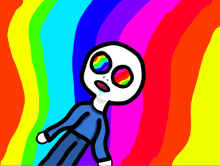 a cartoon drawing of a person with a rainbow background