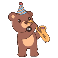 a teddy bear is playing a saxophone and wearing a party hat
