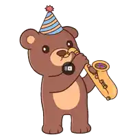a teddy bear is playing a saxophone and wearing a party hat