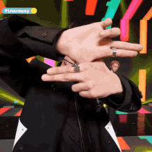 a man with a ring on his finger is making a triangle with his hands in front of piharmony