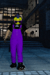 a person wearing purple overalls and a yellow helmet is standing in front of a building with a sign that says emergency