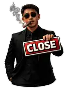 a man smoking a cigar and holding a sign that says close