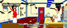 bob 's burgers is a cartoon that shows a man and a woman in a diner surrounded by bats .