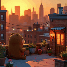 a teddy bear is sitting on a rooftop looking at the city skyline