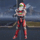 a video game character is wearing a santa hat and carrying a bag