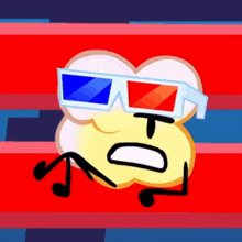 a cartoon popcorn character wearing 3d glasses on a red blue and white background