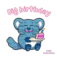 a cartoon drawing of a chinchilla holding a birthday cake with the words big birthday below it