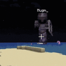 a purple minecraft character is standing on a beach holding a shield and a sword .