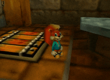 a cartoon squirrel with a blue shirt that says ' squirrel ' on the front