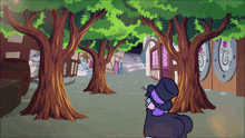 a cartoon of a man in a top hat in a forest