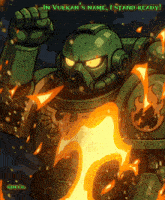 a cartoon drawing of a robot with the words " in vulkan 's name i stand ready " at the top