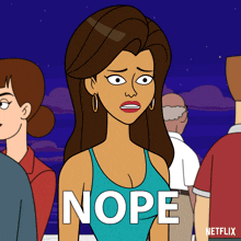 a cartoon of a woman with the word nope written on it